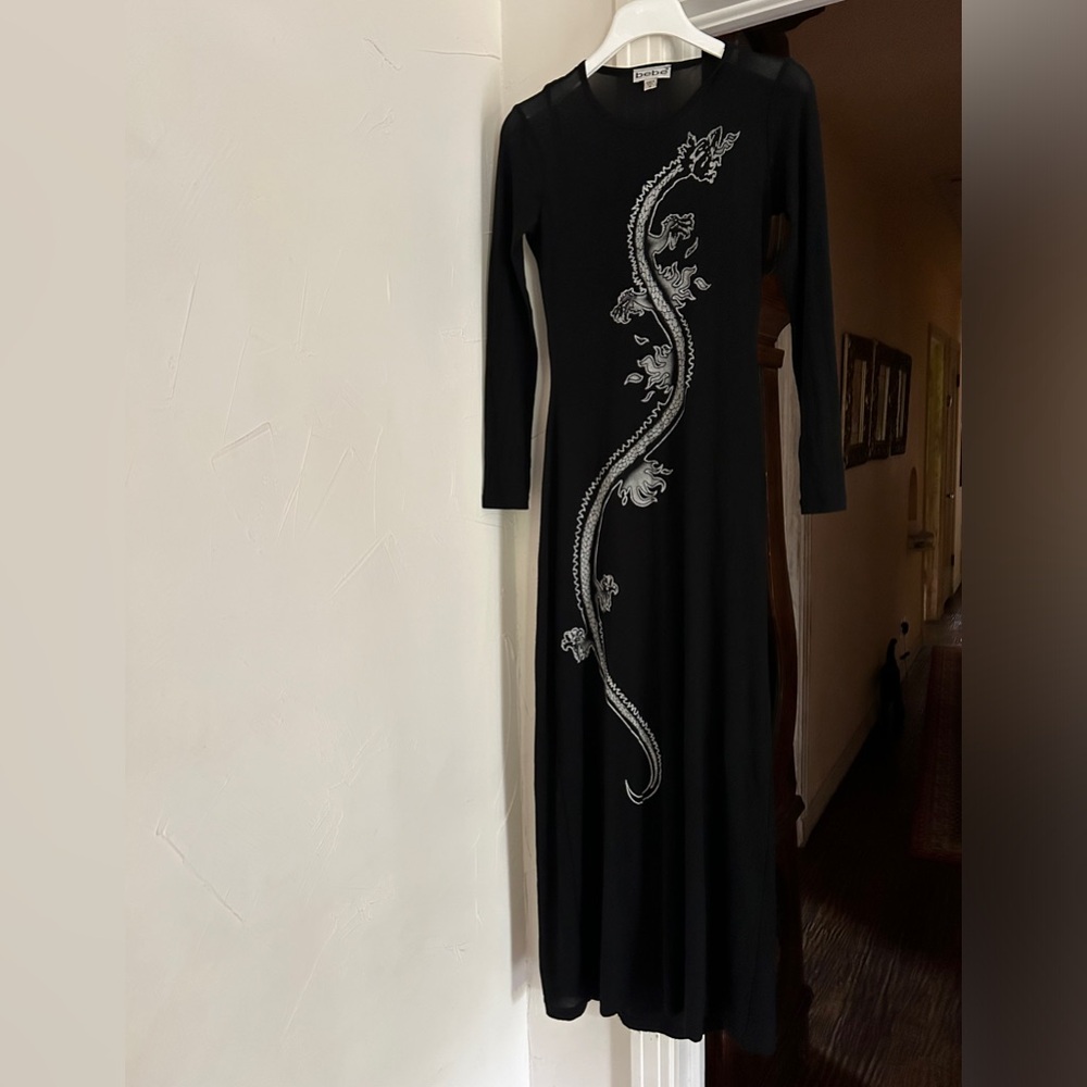 Bebe | Y2K 90s Mesh maxi dress long sleeves Dragon Print goth
